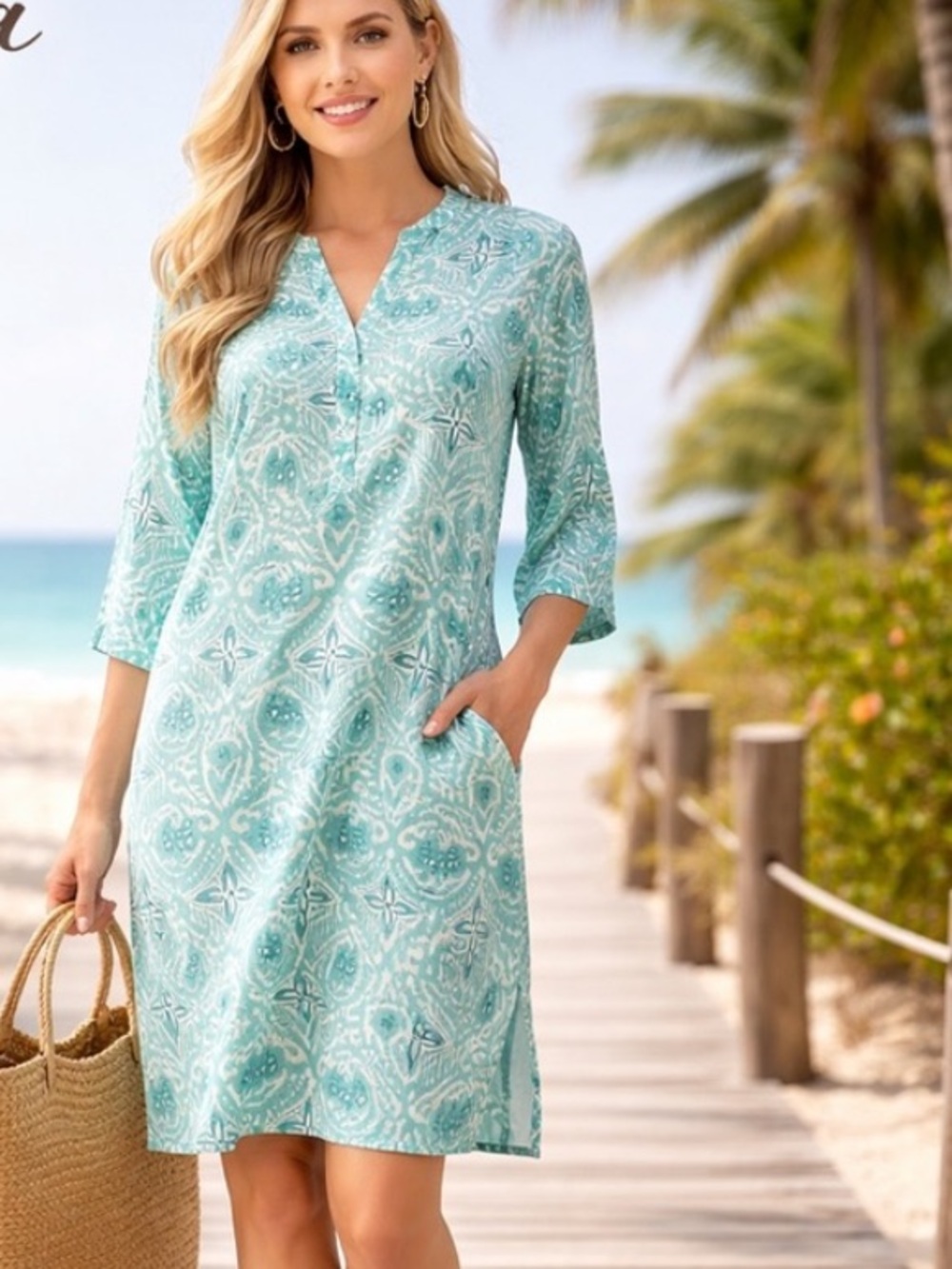 Utsa,Ikat Cotton Tunic/Dress,Resort Beach Cover-Up,Lightweight Vacation,Size M